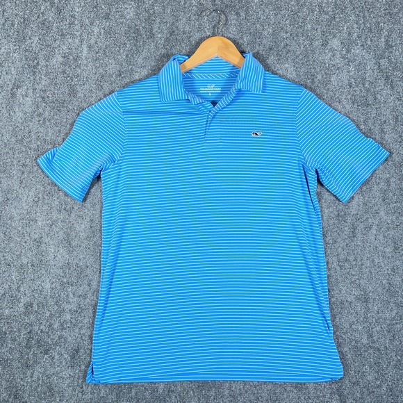 Vineyard Vines Polo Shirt Boys L (16) Blue Stripe Whale Logo Golf Stretch #AB432 - Picture 1 of 9